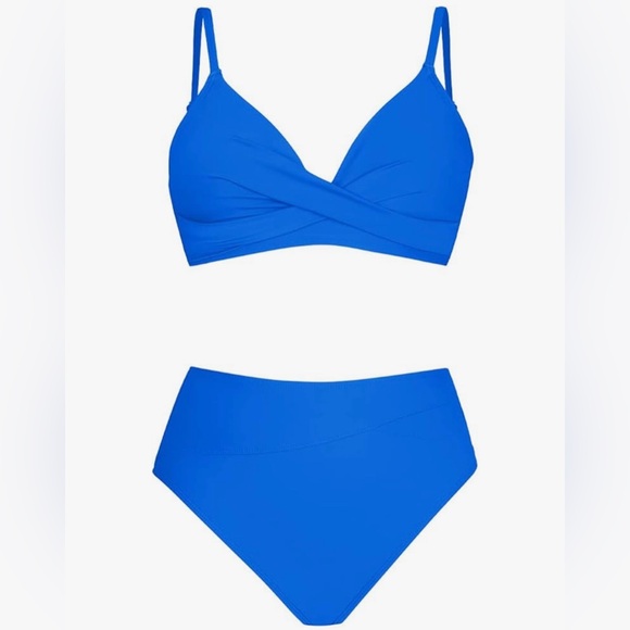 Cupshe Royal Blue Medium Two Piece High Waisted Bikini with V Neck Twist Front - Picture 9 of 11